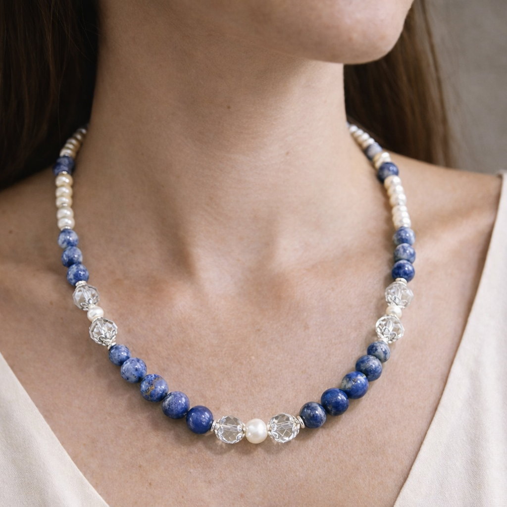 Blue Sodalite & Pearl Necklace — worn