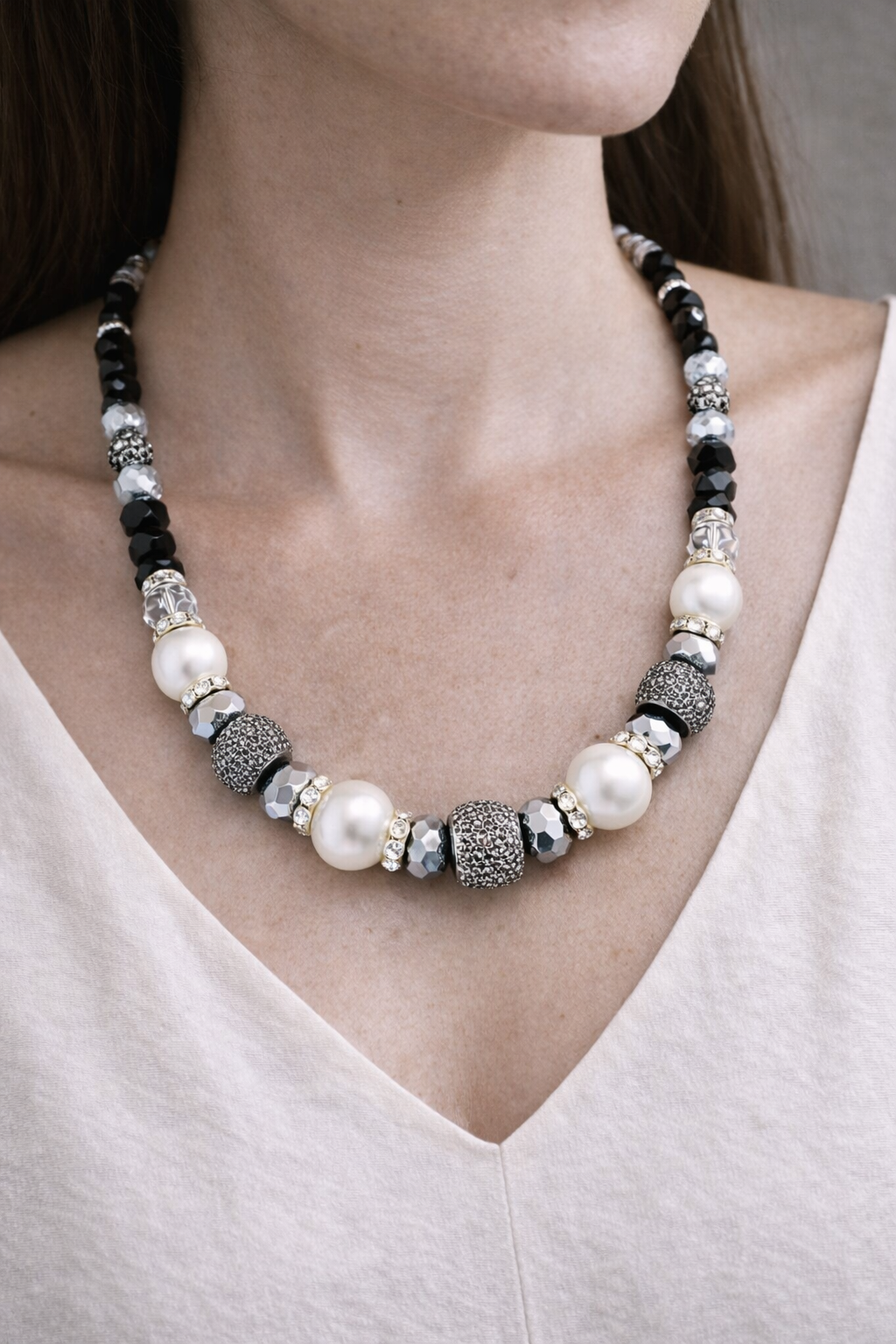 Noir Pearl & Silver Statement Necklace — worn